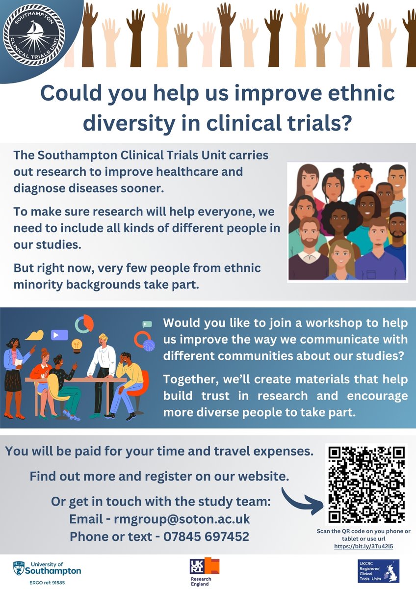 Could you help us make #research more diverse and inclusive?

We’re holding workshops with ethnically diverse people across the south to create better #ClinicalTrial information, leaflets and supporting materials.

Interested in taking part? Find out more bit.ly/3Tu42l5