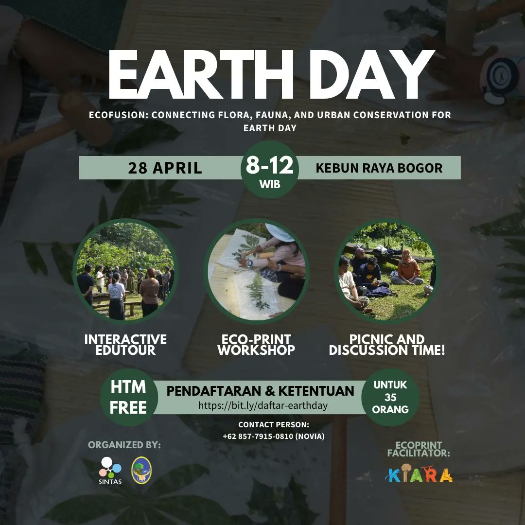 @Sintasindonesia @ukfipb Kita akan melaksanakan edutour, piknik & diskusi, serta totebag ecoprint workshop yang akan difasilitasi oleh yayasan KIARA. Acara ini gratis loh, jadi kamu bisa ajak Ibu, Tante, Om, Adik dan teman-temanmu yaa dengan daftar di bit.ly/daftar-earthday !