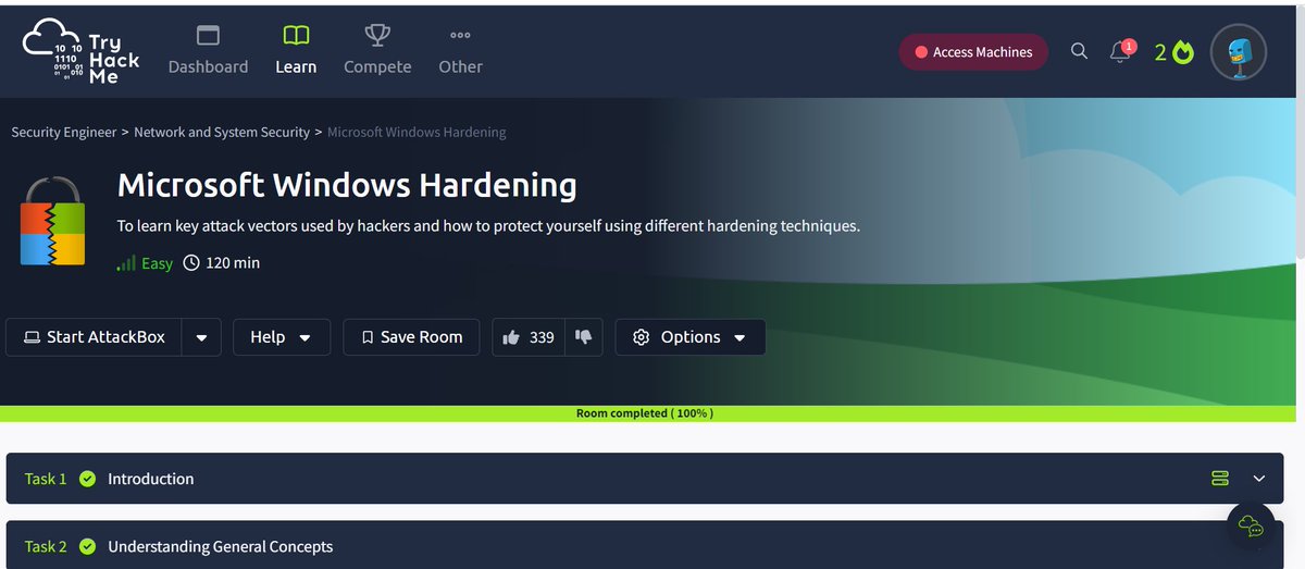 Just completed Microsoft Windows Hardening from @RealTryHackMe 
#TryHackMe #WindowsSecurity #Cybersecurity