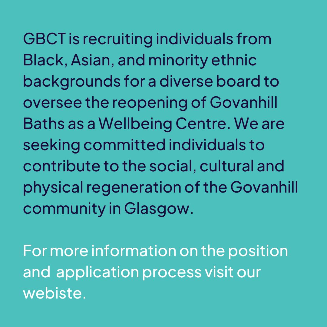 We have updated the dates for this position. The deadline to apply is now 9am Friday 31 May 2024 and the interview will take place at the beginning of June 2024. GBCT is recruiting people from BAME backgrounds to join our board. govanhillbaths.com/get-involved/v…