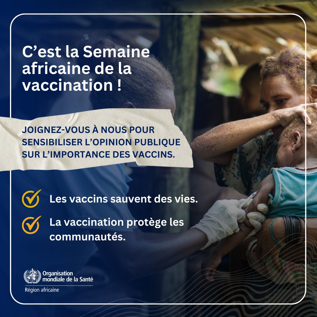 C’est la Semaine africaine de la vaccination! Joignez-vous à nous pour sensibiliser le public: ✅ les vaccins sauvent des vies ✅la vaccination protège les communautés. Cette semaine, assurez-vous que vous et vos enfants êtes à jour de vos vaccins. #LesVaccinsSontEfficaces