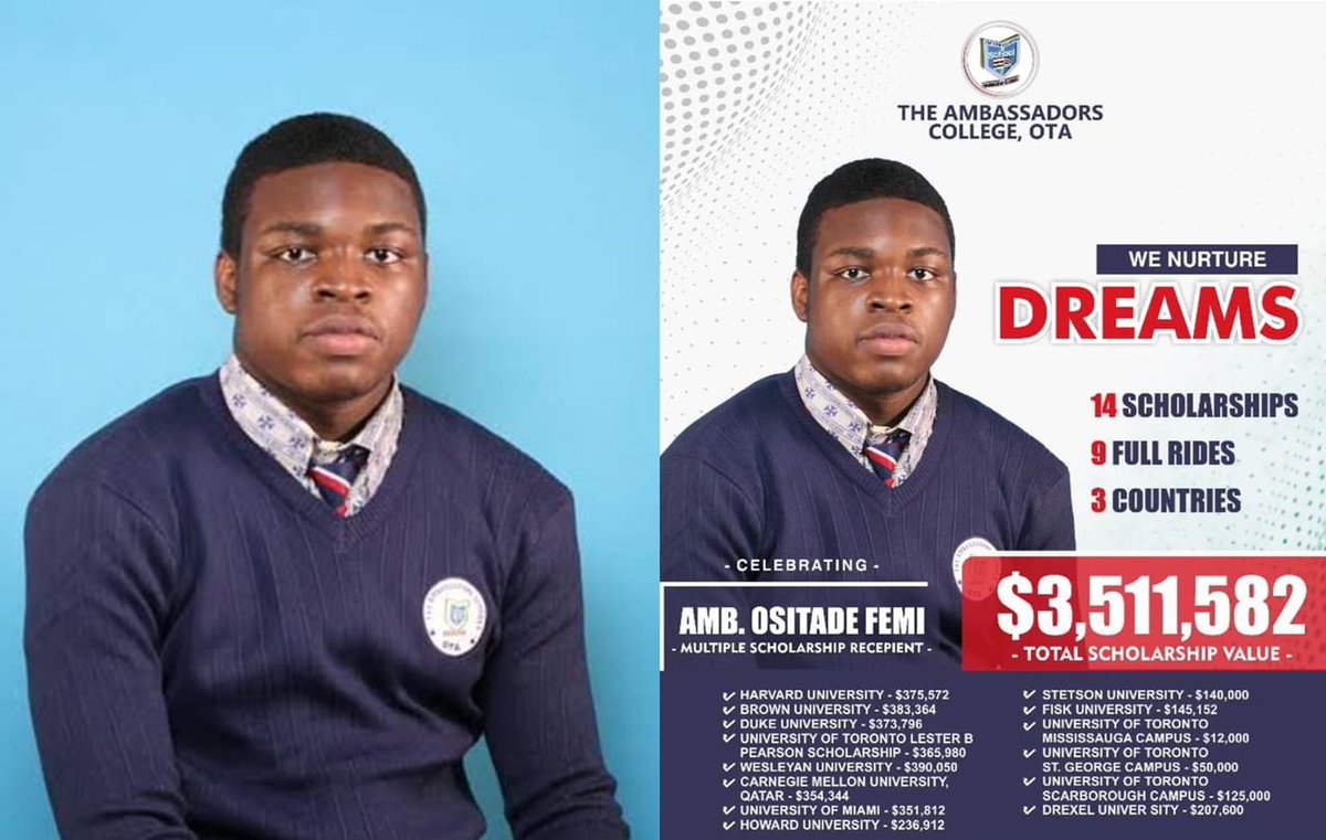 yabaleftonline's tweet photo. Nigerian boy secures $3.5 million worth of scholarships from Harvard and 13 other universities in the US, Canada, and Qatar. https://t.co/gMOM8h600d