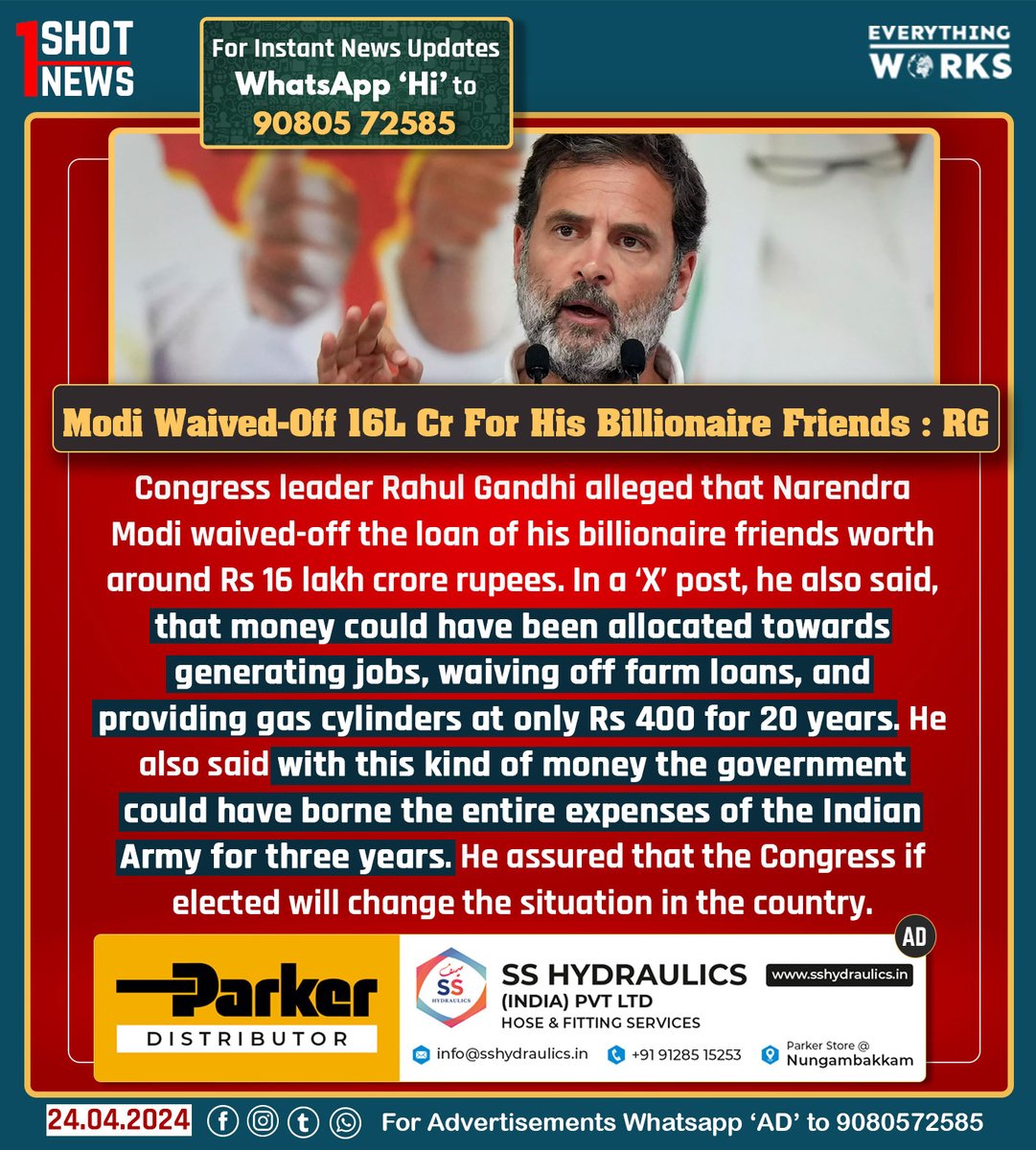 Congress leader Rahul Gandhi today alleged that Narendra Modi waived-off the loan of his billionaire friends worth around Rs 16 lakh crore rupees. In a ‘X’ post, he also said that money could have been allocated towards generating jobs, waiving off farm loans, and providing gas