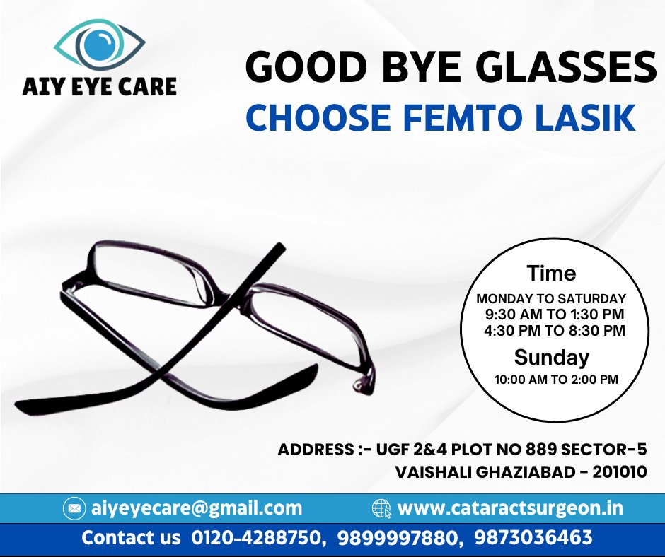 Good Bye Glasses Choose Femto Lasik | AIY Eye Care
.
.
.
Call/9899997880 | 9873036463
Website :- cataractsurgeon.in
.
.
.
#aiyeyecare #eyecare #femtolasik #EyeDrops #eyesurgeon #Surgeon #eyelashes #cataractsurgeon #surgery