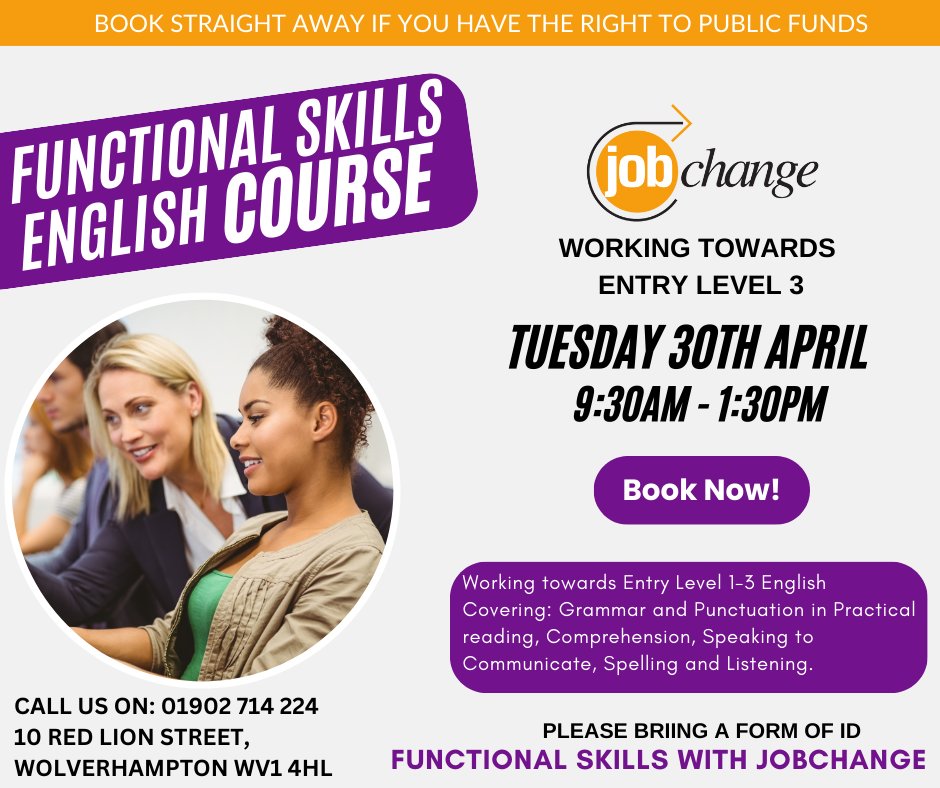 Functional skills are an excellent foundation on which to build your own future. Want to improve on your English skills? This course is for you. Working towards Entry Level 3. Call us now to book your place.