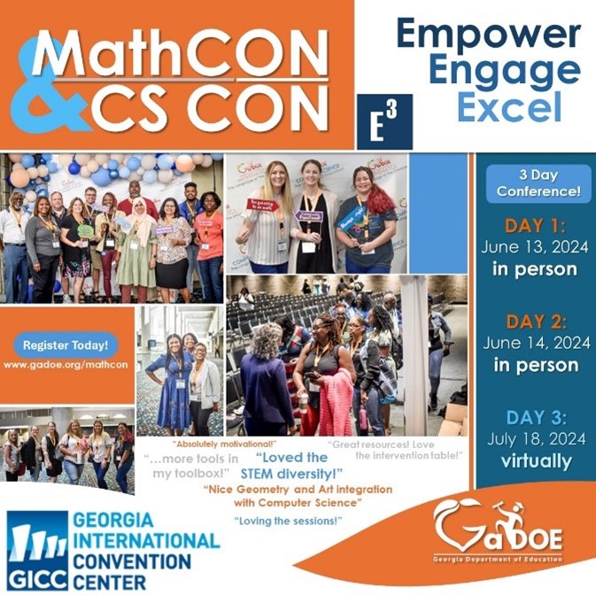 GaDOE_CS's tweet image. The Georgia Department of Education brings you MathCON &amp;amp; CS CON for mathematics and computer science at the Georgia International Convention Center in Atlanta, GA! 🌟 A transformative learning experience awaits. Register today at gadoe.org/mathcon. #MathCON24 #CSCON24
