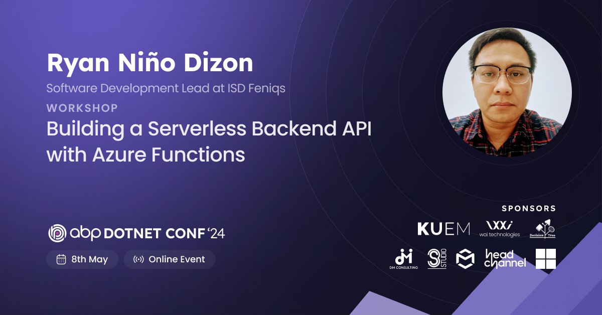 🎙️Excited to have Ryan Niño Dizon @ryanninodizon with his #workshop 'Building a Serverless Backend #API with #Azure Functions' at #abpconf24! 🌟He’ll be teaching how to build serverless backend APIs using Azure Functions and #Angular. #dotnet abp.io/conference/2024