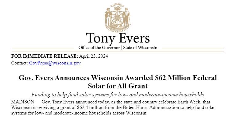 NEWS: Wisconsin is receiving $62 million to expand access to solar for low- and moderate-income households with the help of @POTUS' #InflationReductionAct.

What better way to celebrate Earth Week than expanding access to Solar for All.

More here ⬇️
content.govdelivery.com/accounts/WIGOV…