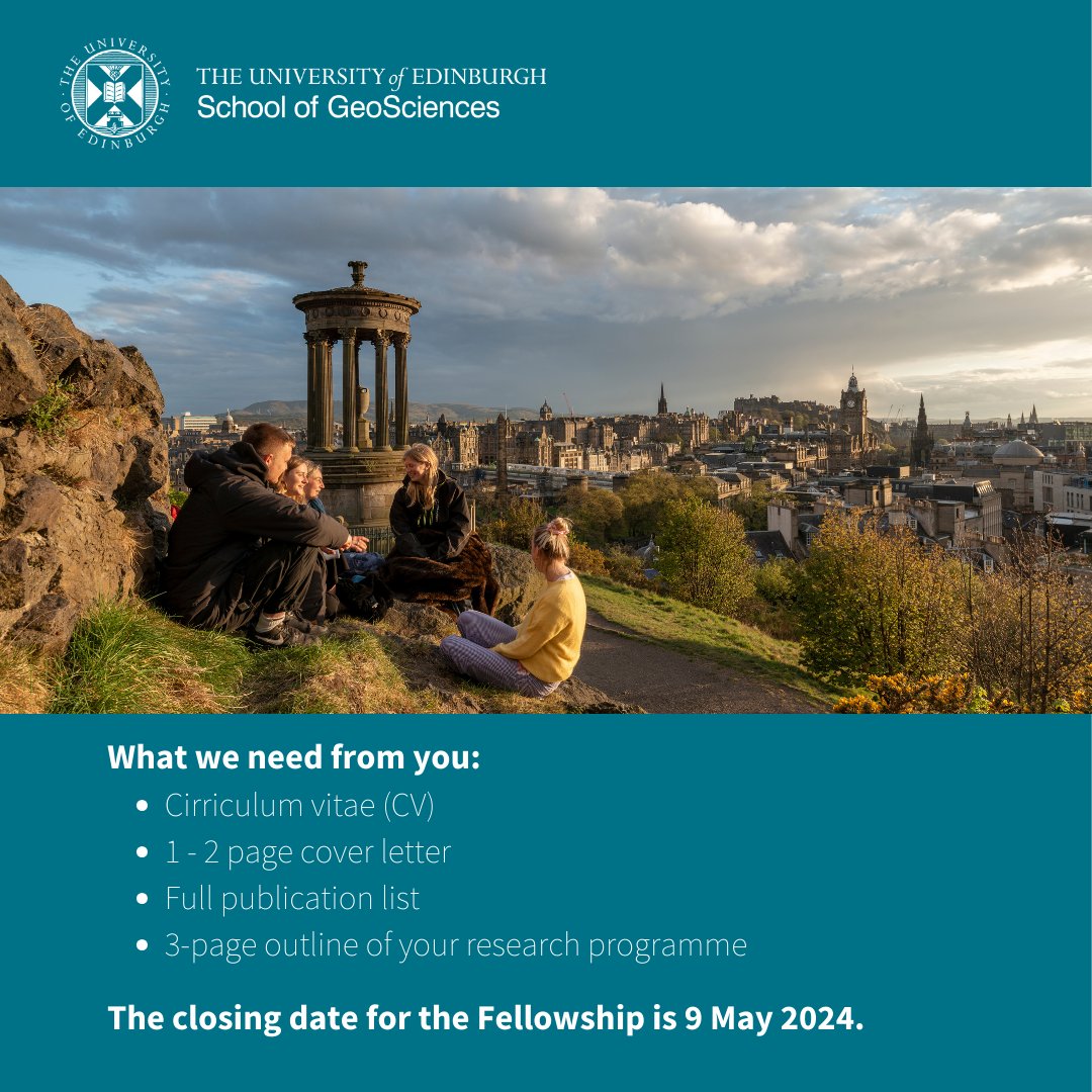 School of GeoSciences @ University of Edinburgh (@geosciencesed) on Twitter photo FELLOWSHIP OPPORTUNITY 
We are pleased to invite applications for two 2024 Patience Cowie Fellowships. 
🗓️ The application deadline is May 9, 2024. 
Click the link below to learn more about the roles: 
ow.ly/R4yG50Rav2q
#UniversityofEdinburgh #fellowship #phdstudent FELLOWSHIP OPPORTUNITY 
We are pleased to invite applications for two 2024 Patience Cowie Fellowships. 
🗓️ The application deadline is May 9, 2024. 
Click the link below to learn more about the roles: 
ow.ly/R4yG50Rav2q
#UniversityofEdinburgh #fellowship #phdstudent