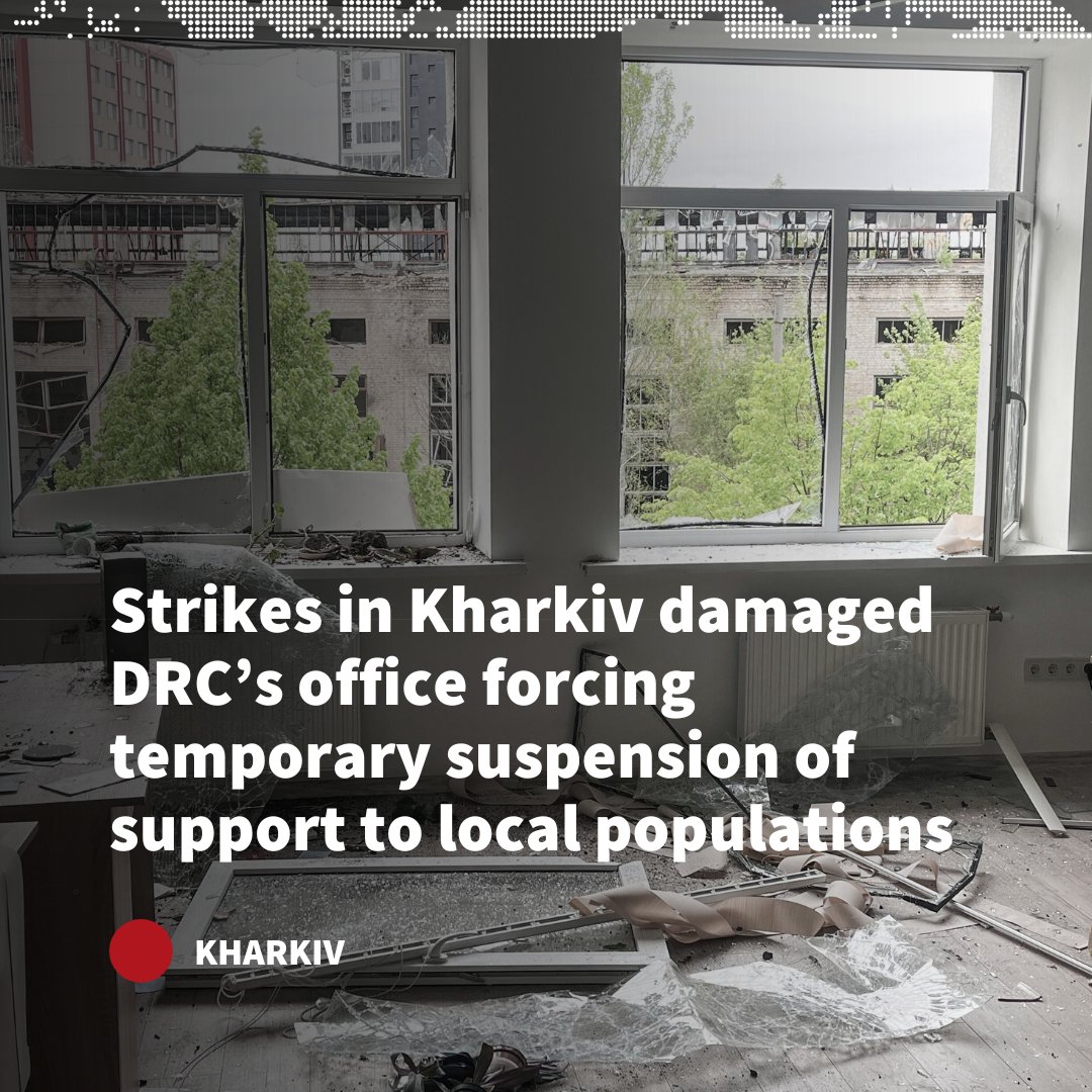 🔴 Recent missile strikes in #Kharkiv have temporarily halted DRC's support operations due to damage to our office and vehicles. We're committed to resuming aid as quickly as possible: bit.ly/4b6RQOn Humanitarian workers should never be a target❗ #Ukraine