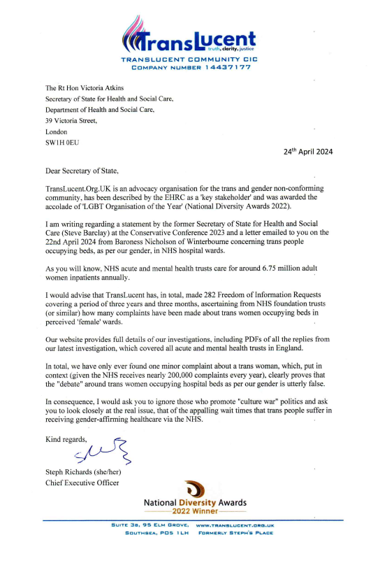 Our letter to Rt Hon Victoria Atkins in response to the former DHSS Minister (Steve Barclay) and Baroness Nicholson of Winterbourne's letter dated 22nd April 2024.