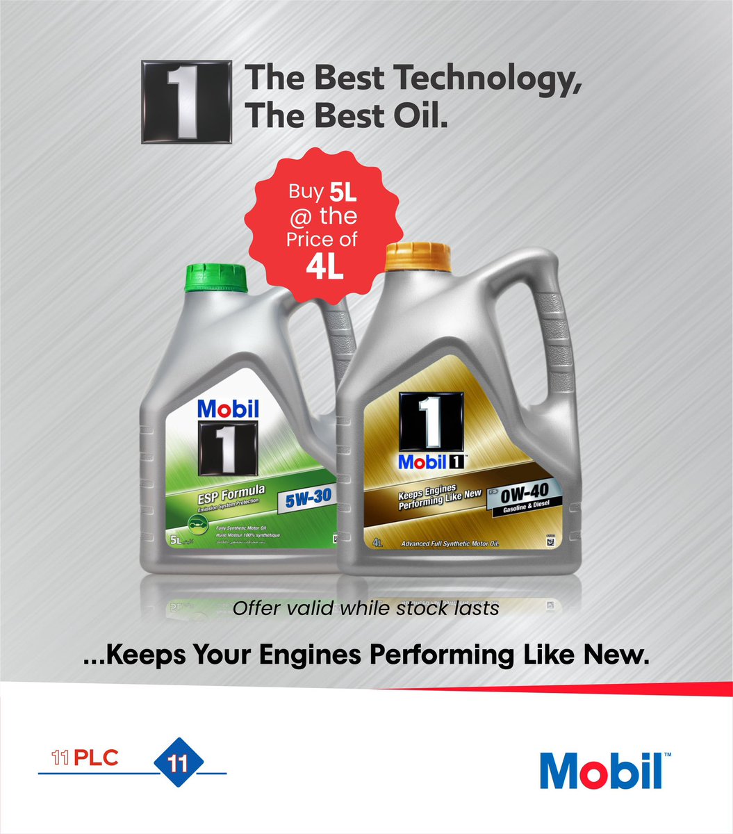 Keep your engine running smoothly with Mobil 1!
Take advantage of our special promo where you can buy a 5L bottle for the price of a 4L bottle. Don't miss out on this great deal to keep your engine in top condition.

#Mobil1 #specialpromo #mobillubricants #mobilinnigeria