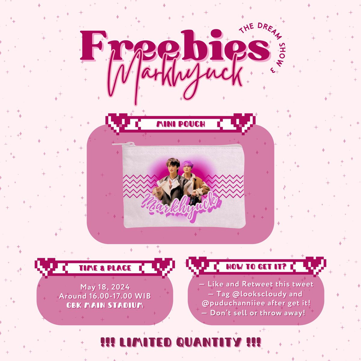 ✧・₊ Freebies TDS 3 in Jakarta ₊・✧
by @lookscloudy_ and @puduchanniiee

🗓️ May 18, 2024
📍 GBK
⏰ Around 16.00-17.00

✦ markhyuck freebies 
✦ find us and say ‘hi’
✦ like and retweet are very appreciated☺️

see u <3 
#THEDREAMSHOW3INJAKARTA #TDS3_IN_JAKARTA #TDS3INJAKARTA