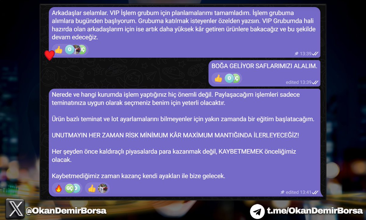 Arkadaşlar selamlar, VIP İşlem grubum için planlamalarımı tamamladım. 

🚀İşlem grubuma alımlara bugünden başlıyorum. 

Grubuma katılmak isteyenler Telegram üzerinden benimle iletişime geçebilirler.

🔥'Piyasanın Lordu' yaparsa böyle yapar. 

#sise #xauusd #trading #kchol #zoren