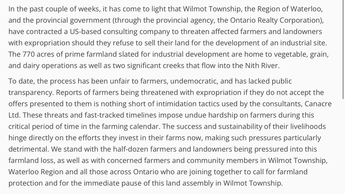 Joint letter from @NFUOntario @CFFOnt & @ONFarmlandTrust calls on Ford government to halt the acquisition of Wilmot farmland & fire the consultant that has been threatening farmers with expropriation nfuontario.ca/news/joint-let… #onpoli