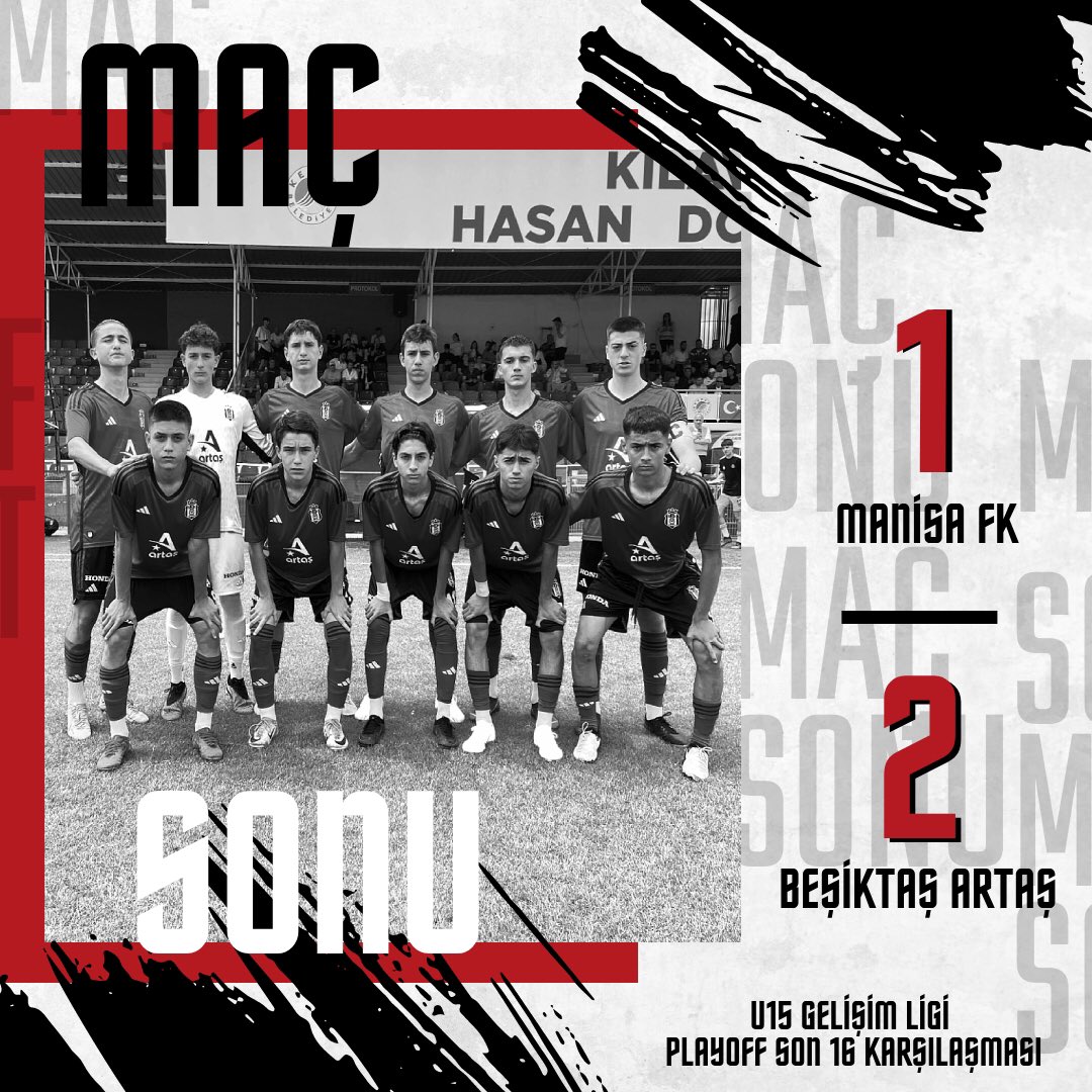 Beşiktaş Artaş U-15 Takımımız, U-15 Gelişim Ligi Play-Off Son 16 Turu’nda karşılaştığı Manisa FK’yı 2-1 mağlup ederek çeyrek finale yükseldi. 🔥💪🏻 Müsabakanın ilk yarısını 2-1 önde geçen ekibimiz, sahadan 2-1 galip ayrıldı. Takımımızın gollerini; Ulaş İmay Gürbüz ile Haluk Efe