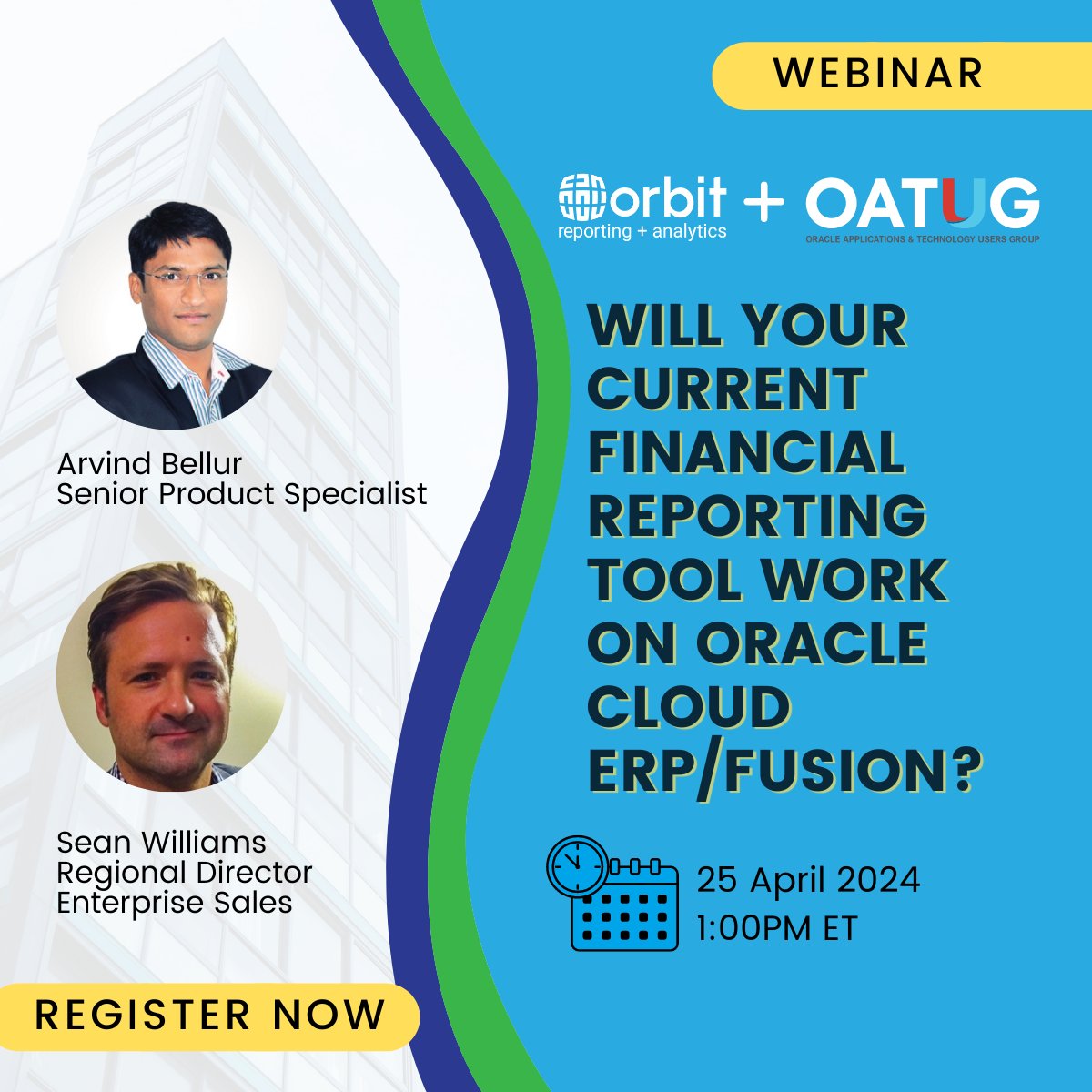 Time is running out to join Arvind & Sean for an exciting webinar in partnership with @OATUG1 WILL YOUR CURRENT FINANCIAL REPORTING TOOL WORK ON ORACLE CLOUD ERP/FUSION? A great opportunity to elevate your #financialreporting process. hubs.la/Q02tTFKg0
#orbitanalytics