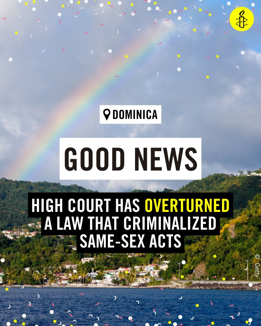 Good news from Dominica! With this victory for LGBTI people only 5 countries in the Americas still have these laws: Jamaica 🇯🇲, Grenada 🇬🇩, Saint Lucia 🇱🇨, Guyana 🇬🇾, and Saint Vincent and the Grenadines 🇻🇨