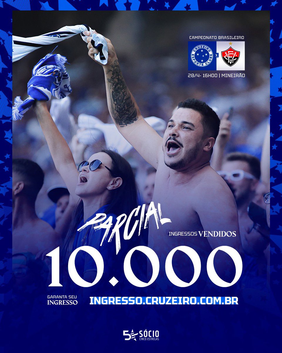 Já somos 🔟mil confirmados! Domingo é dia de Cruzeiro no Mineirão para mais um jogo do Brasileirão. 🎫 Garanta seu lugar: ingresso.cruzeiro.com.br e App Nação Azul. #CRUxVIT | #SouCruzeiroTradição