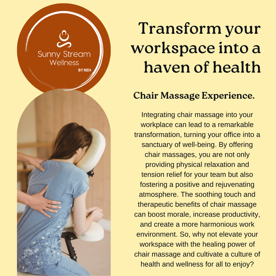 💆Discover the profound benefits of incorporating massage and reiki sessions into your corporate wellness program. Boost productivity, reduce stress, and elevate employee satisfaction. 

Visit SunnyStreamWellness.com/blog

#CorporateWellness #ChairMassage 
#Atlanta #WellnessWednesday