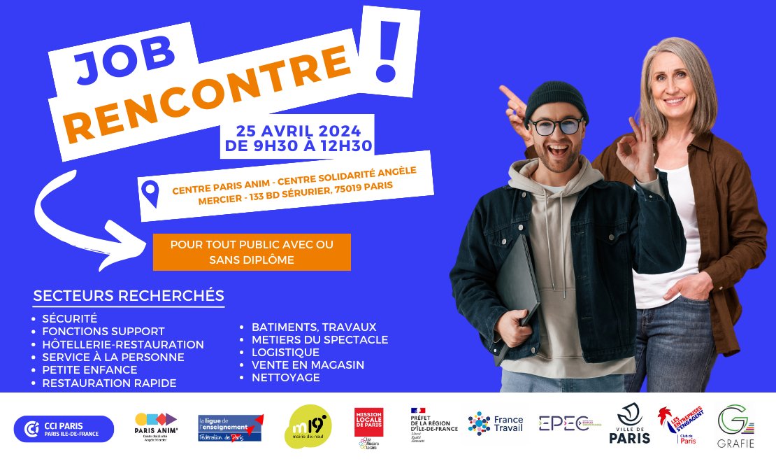 🙋👨💼 JOB RENCONTRE | Vous êtes résident des Quartiers Prioritaires de la Ville (#QPV) à Paris ? Vous cherchez un nouveau défi professionnel ? 📆 Rendez-vous demain à 10h 📍 Centre d’animation solidarité - Angèle Mercier, 133 bd Sérurier, 75019 Paris #emploi #recrutement