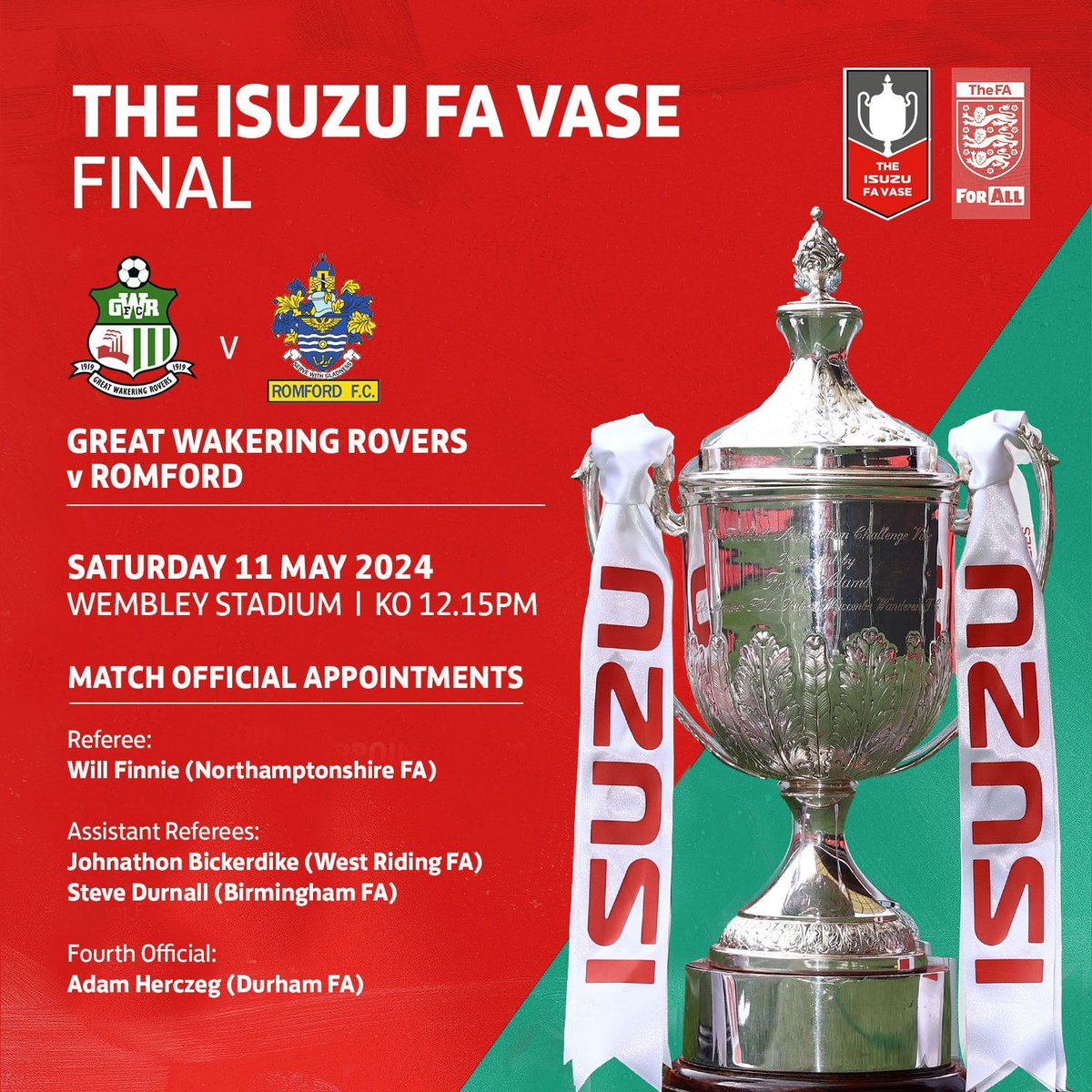 The match officials for The Isuzu FA Vase have been confirmed. 🏆 Congratulations to the officials on their appointments! 👏 #FAVase