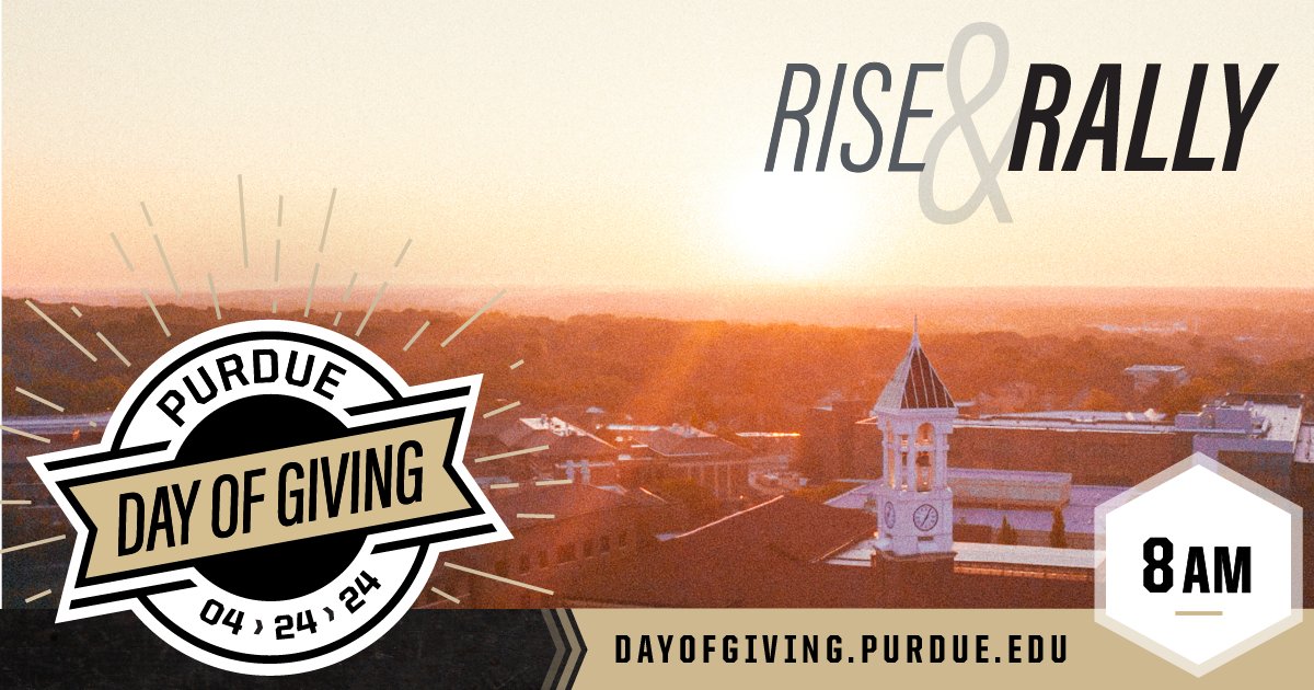 📣 Rise and shine—it’s rally time! 📣 Join us as we show the world what’s possible when we rally together on #PurdueDayofGiving. Follow along on X and our website, and help your favorite unit win $1,250 this hour by making a gift at purdue.university/dayofgiving.