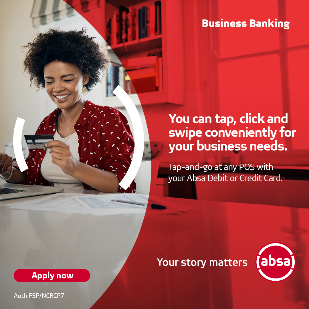 Making sure that you bank safely is our top priority. Tap, click or swipe your Absa Debit or Credit Card to make seamless transactions that cater to your business needs.
#YourStoryMatters

Learn more bit.ly/3Q8WQd6