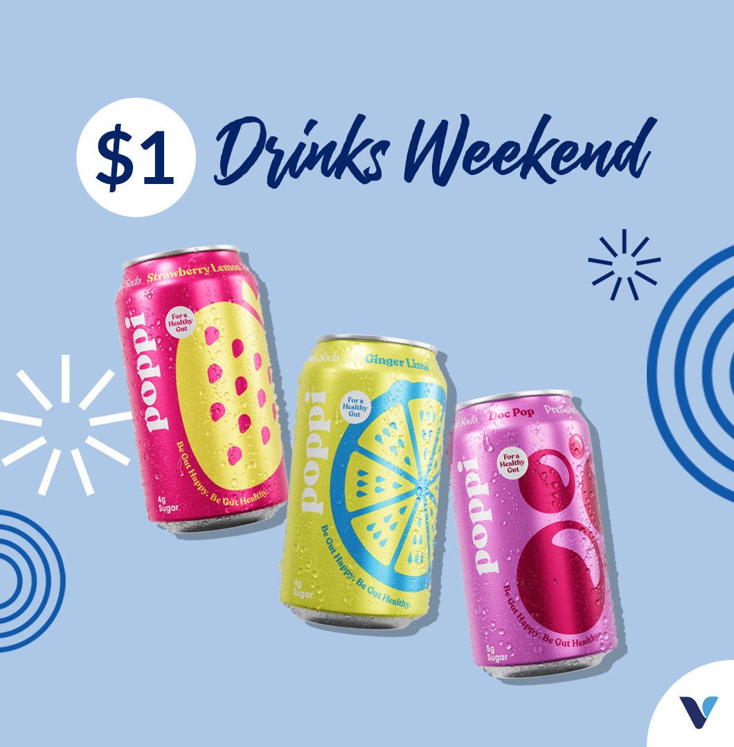 $1 @DrinkPoppi has us feeling bubbly. 🫧💖 Fall in love with each downright delicious flavor of the better-for-you prebiotic soda, only a dollar a pop when you drop by The Vitamin Shoppe this Thursday (4/25) through Sunday (4/28). 🥰 *promotion limited to 6 drinks per customer