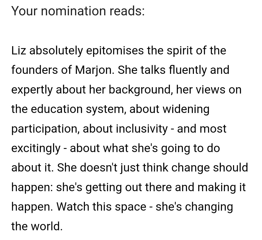I'm very proud to have received a nomination for the Marjon student and staff awards. I've only been part of this community since September, and I feel valued and heard. #MarjonUniversity #PostgraduateResearcher
#EducationMatters #WideningParticipation