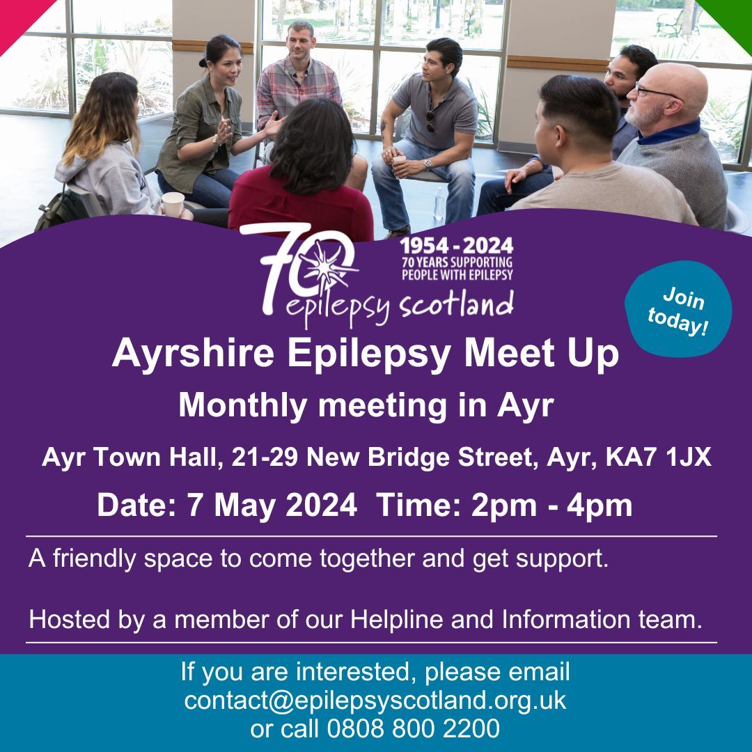 A reminder that our next Ayrshire Epilepsy Meet Up at Ayr Town Hall is on Tuesday 7 May between 2-4pm. If you are interested in joining or want to find out more, please email contact@epilepsyscotland.org.uk or call 0808 800 2200. #AyrshireMeetUp #Ayrshire #Epilepsy