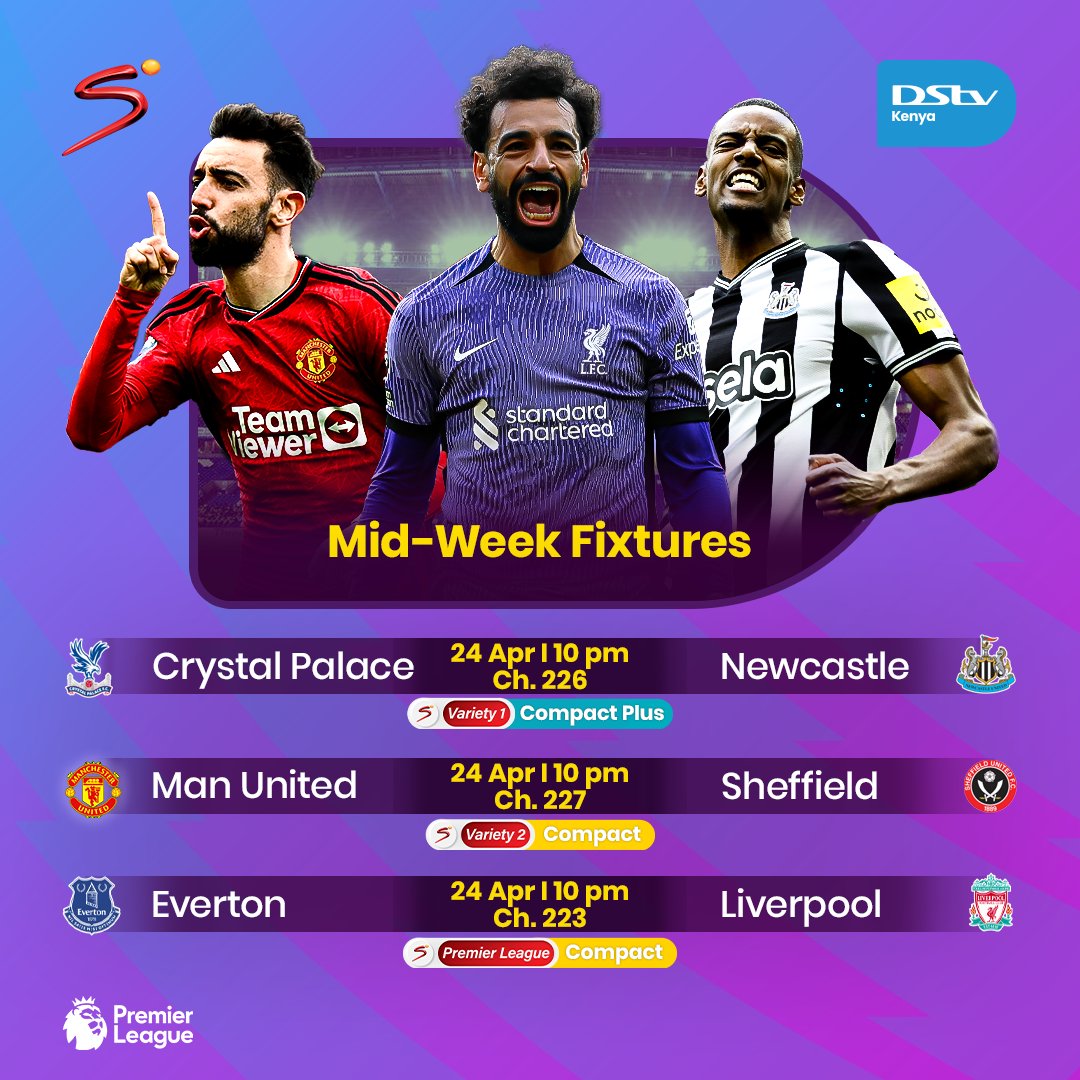 We love mid-week football 😍 3️⃣ exciting #PremierLeague fixtures tonight. 🔥 ⚽ C. Palace V Newcastle | 10 PM | Ch. 226 ⚽ ⚽ Man United V Sheffield | 10 PM | Ch. 227 ⚽ ⚽ Everton V Liverpool | 10 PM | Ch. 223 ⚽ To Stream 📲: bit.ly/DStvStream #PremierLeagueALLOnDStv