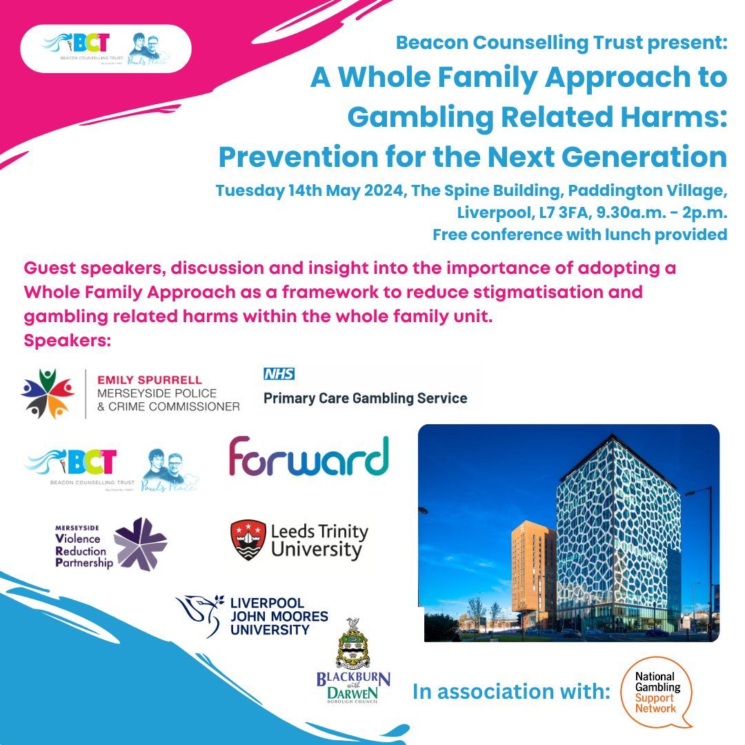 On Tuesday 14th May 2024 Beacon Counselling Trust are hosting a FREE event in Liverpool which will explore the importance of taking a whole family approach to gambling related harms when tackling this issue from a public health perspective. buff.ly/3w8MK5q