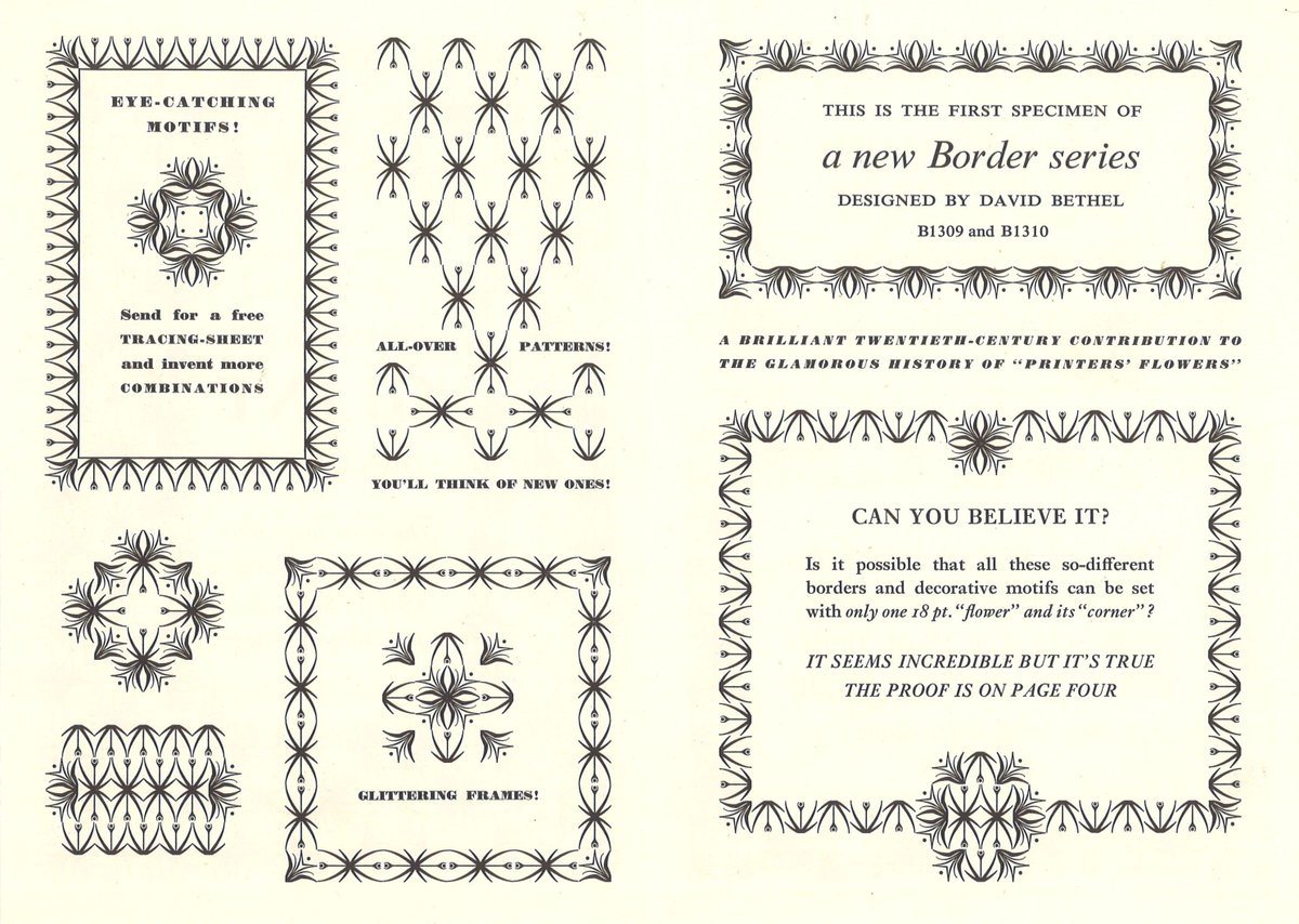 Specimen booklet for Glint ornaments, designed by David Bethel for Monotype in 1956. See more of our specimens by booking an appointment in our reading room, or find our digitised specimens here 👇 buff.ly/47B38IR #typespecimen #type #typedesign #ornaments #letterpress