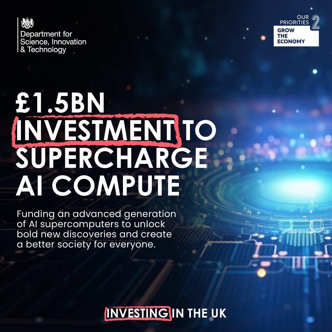 📣 We’re investing £1.5 billion into AI compute. This will help scientists and researchers gain access to cutting-edge computing power to make new drug discoveries and better understand climate change🌍 Investing in our industries creates more jobs and helps grow the economy 📈