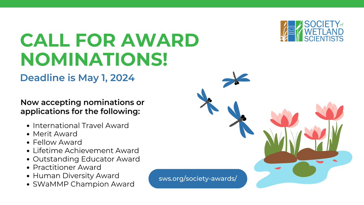 Do you know an SWS member making a big impact in wetland science and conservation? Let's give credit where it's due! Don’t miss out on the chance to celebrate and highlight the amazing achievements within our community! Learn more: sws.org/society-awards/