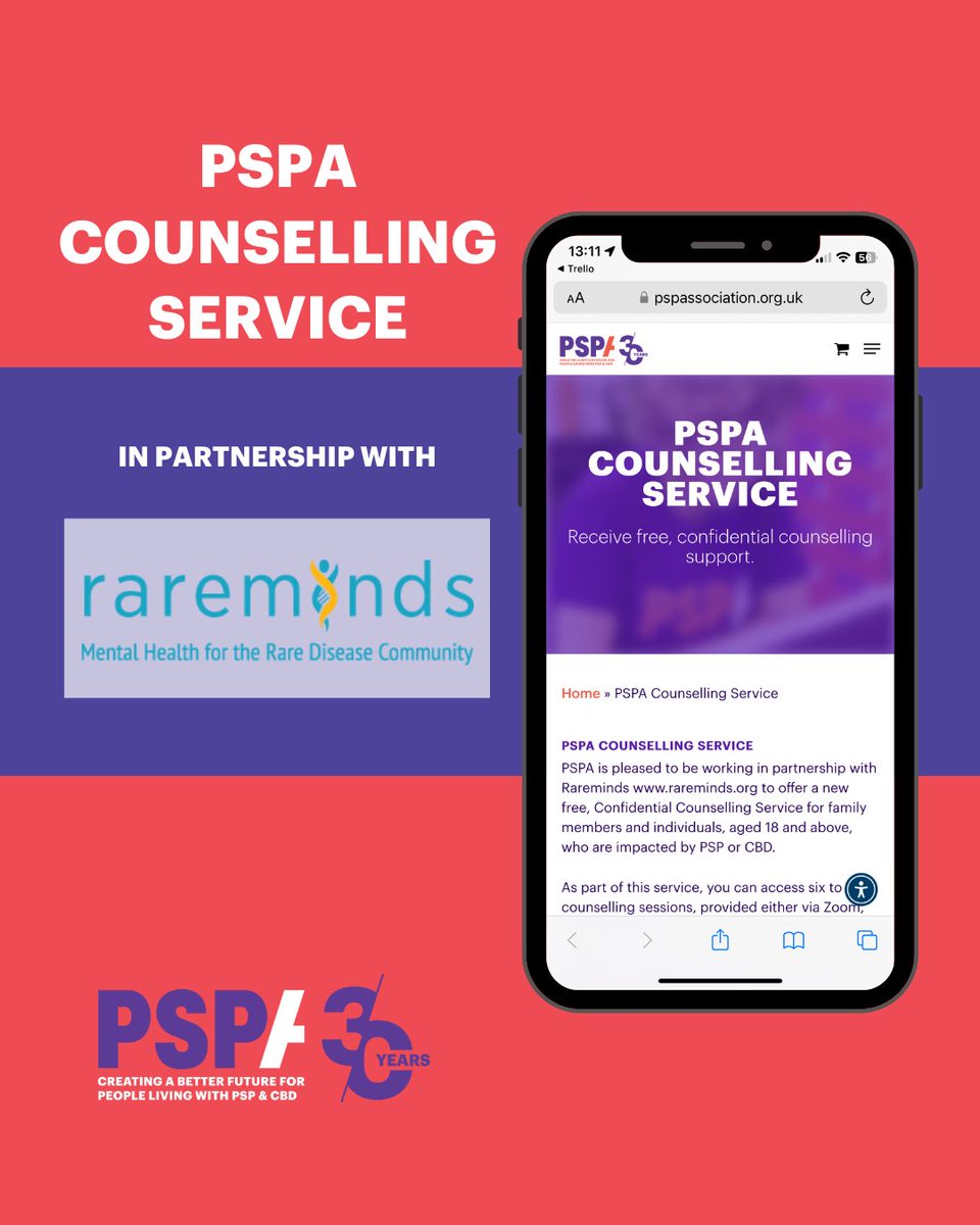 PSPA is partnering with Rareminds to offer a free Confidential Counselling Service for family members affected by PSP & CBD. Learn More: pspassociation.org.uk/pspa-counselli… Contact our Helpline on 0300 0110 122 or email: helpline@pspassociation.org.uk #PSPASupport #Rareminds