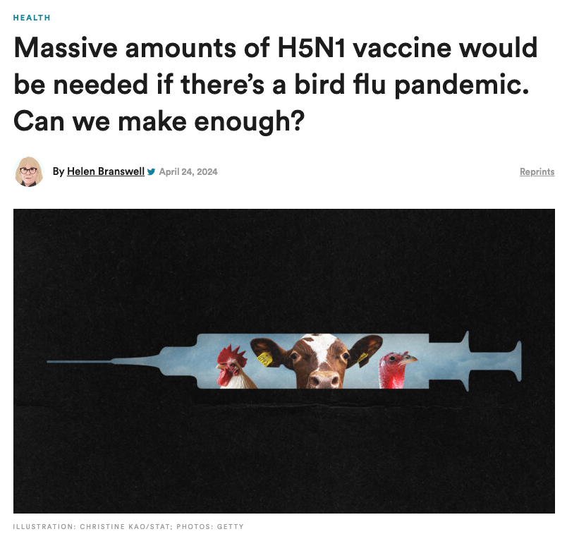 BogochIsaac's tweet photo. Everything you ever wanted to know about vaccines for H5N1 avian influenza (including things you didn't even know you wanted to know...)👇

https://t.co/59dyYUXkVf by the great @HelenBranswell. https://t.co/x51fOWtKvD