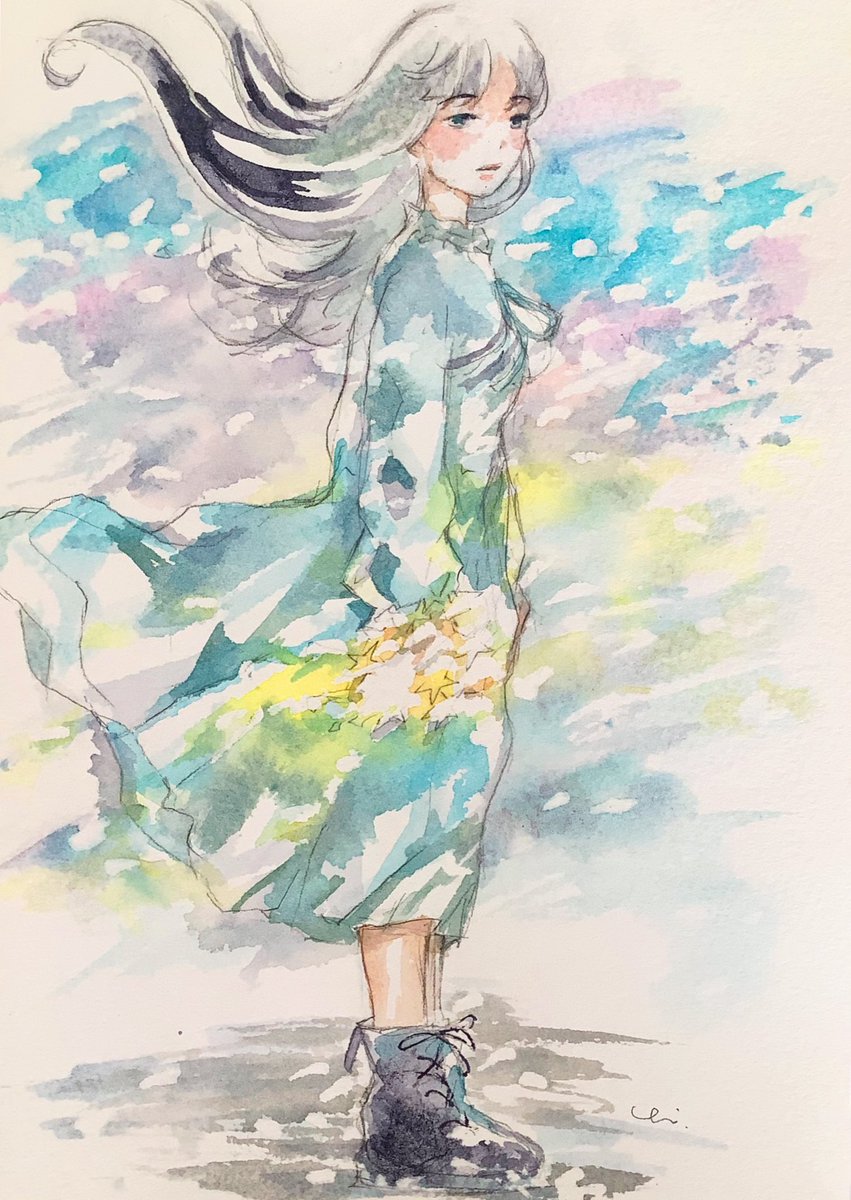 1girl solo long hair blue eyes long sleeves dress standing  illustration images