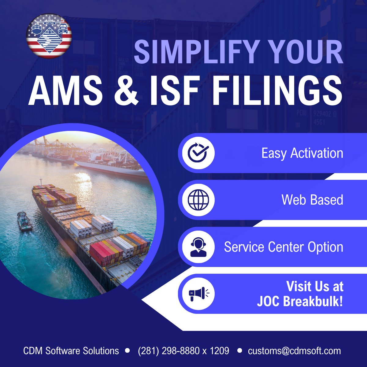 Come talk to us at JOC Breakbulk today! Simplify your AMS & ISF filings.

#breakbulk24 #logistics #seafreight #import #freight #freightforwarding