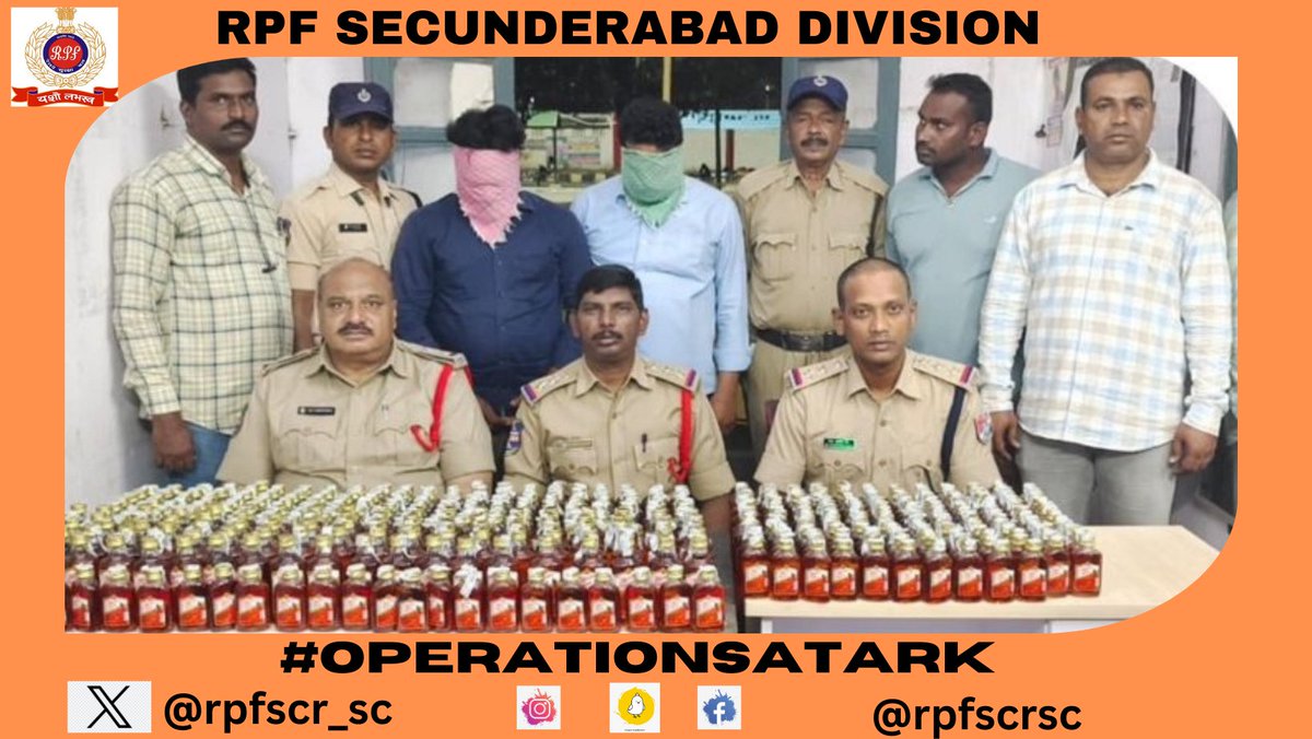 rpfscr_sc's tweet photo. RPF/SC Division's commitment shines in #OPERATIONSATARK, addressing smuggling and enforcing tax regulations two outsiders apprehended with seized 480 liquor bottles total worth Rs 41,856/underscores their resolute dedication to safeguarding national interests.#rpfscr https://t.co/WeOs5ZbKOv