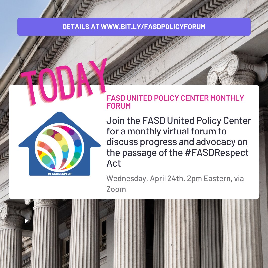 Today is our April monthly policy forum at 2 pm EST! Join us for an informative discussion on FASD policy and updates from the month. We're excited to connect with you. fasdunited.org/event/fasd-uni…