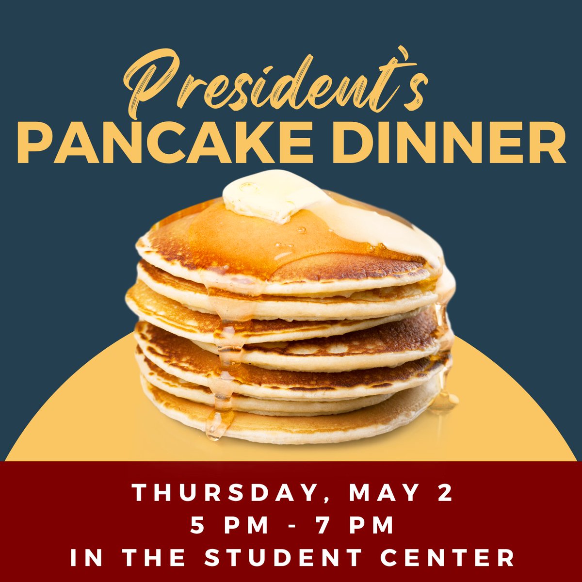 Hey Cougars! You deserve a treat before you tackle finals. Join us on Thursday, May 2 from 5 pm to 7 pm in the Student Center Dining Room for the President’s Pancake Dinner! Enjoy FREE pancakes and sausage cooked by President Jena Marr and other administrators. 🥞😋