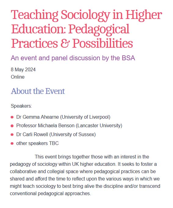 How can we teach sociology in order to best bring alive the discipline? Find out by registering for our free online event, ‘Teaching Sociology in Higher Education: Pedagogical Practices & Possibilities’, on 8 May tinyurl.com/2ekbt59y #sociology