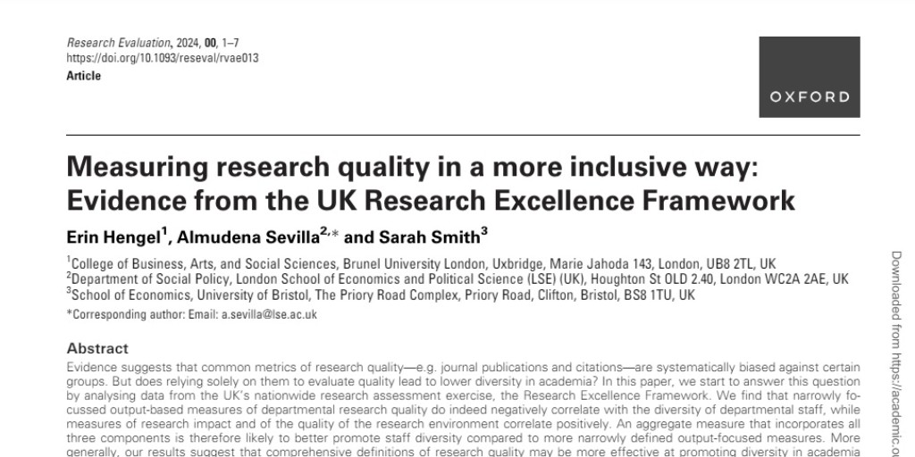 New research from @erinhengel @Sevilla_Almu & Sarah Smith: 'our results suggest that comprehensive definitions of research quality may be more effective at promoting diversity in academia compared to narrower measures.' Read the full paper 👇ow.ly/lUPq50Rlzn6