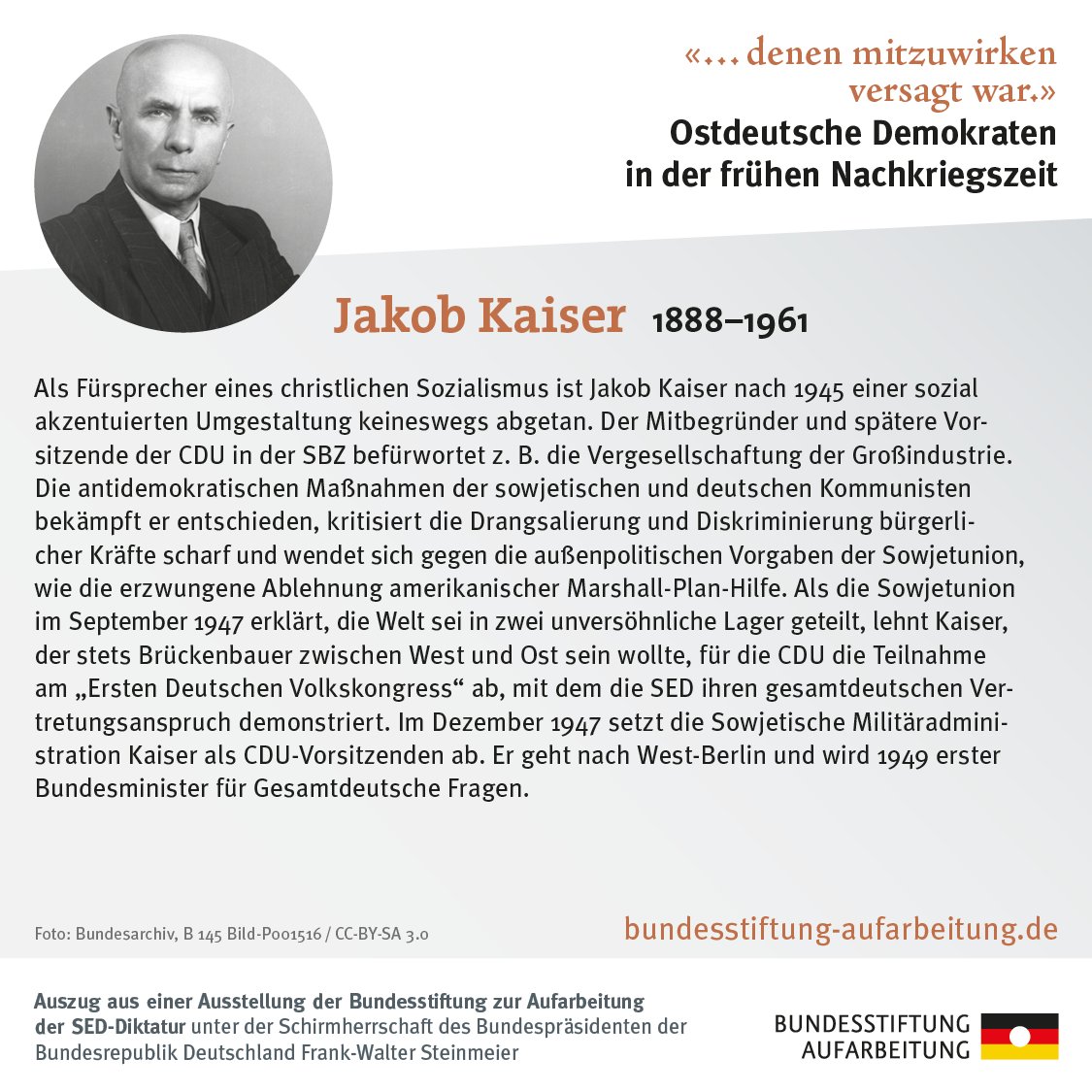 Premiere „… denen mitzuwirken versagt war.“ morgen im Rathaus Schöneberg! Jakob Kaiser war 1948/49 Mitglied der Berliner Stadtverordnetenversammlung – kurz wurde er in der SBZ als Vorsitzender der CDU von den Sowjets abgesetzt. Infos zur Ausstellung: ow.ly/Kk5Q50RlSln