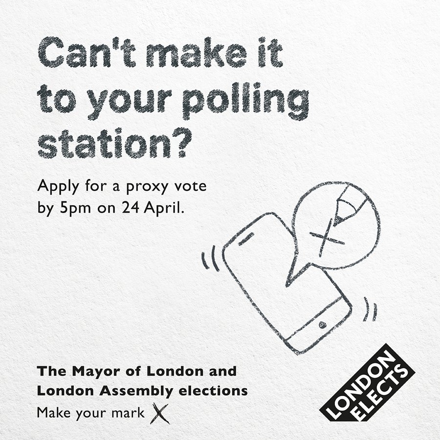 5pm deadline TODAY: If you are registered to vote but can't vote in person on Thursday 2 May, you have until 5pm TODAY to apply for someone you trust to vote on your behalf. Apply now and don't miss out! Your vote counts: orlo.uk/gD0qk #LondonVotes