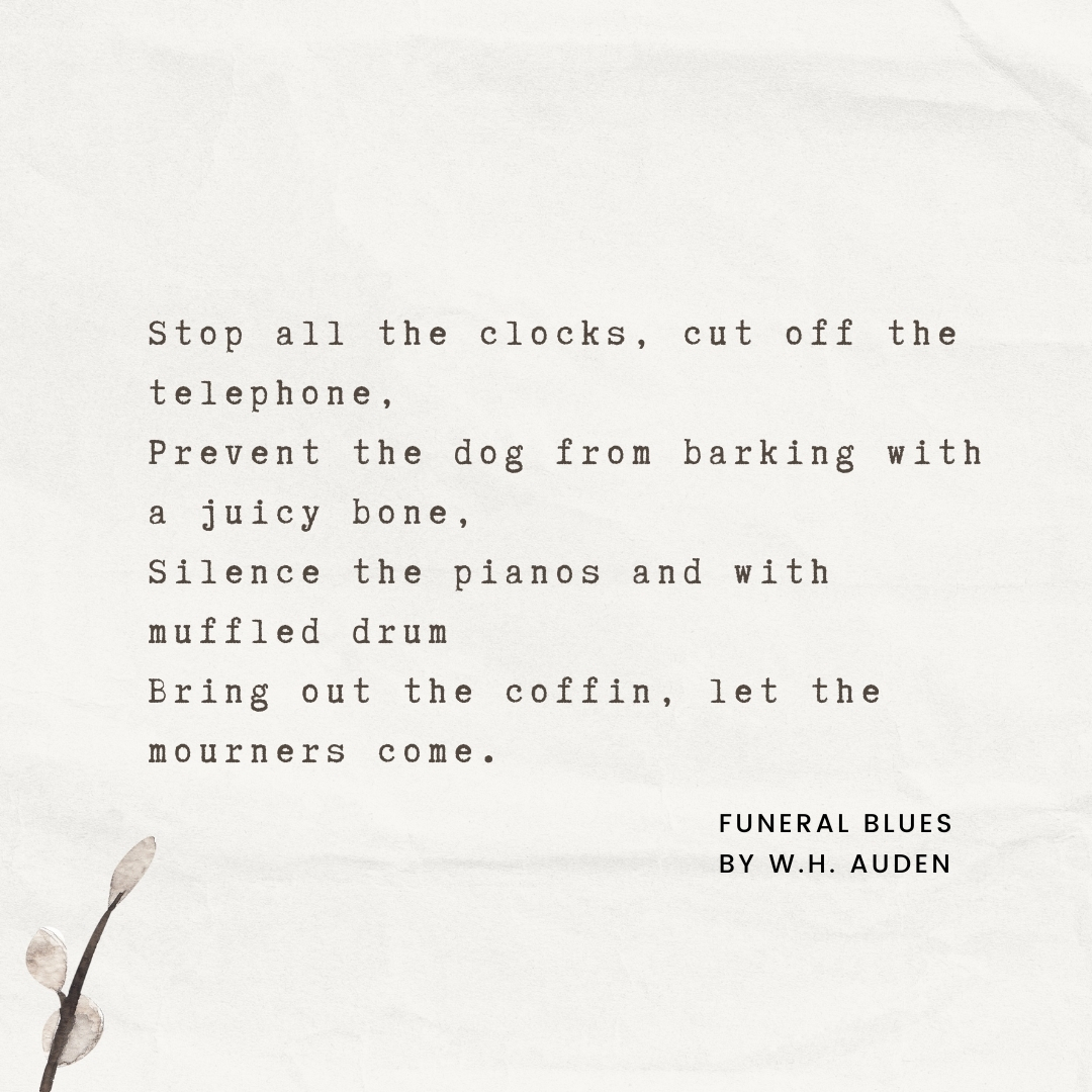 Mourning profound loss with 'Funeral Blues' by W.H. Auden⏳💔 Experience the emotional resonance of 'Funeral Blues' at poemanalysis.com/w-h-auden/fune… #WHAuden #FuneralBlues #Poems #PoemAnalysis #NationalPoetryMonth