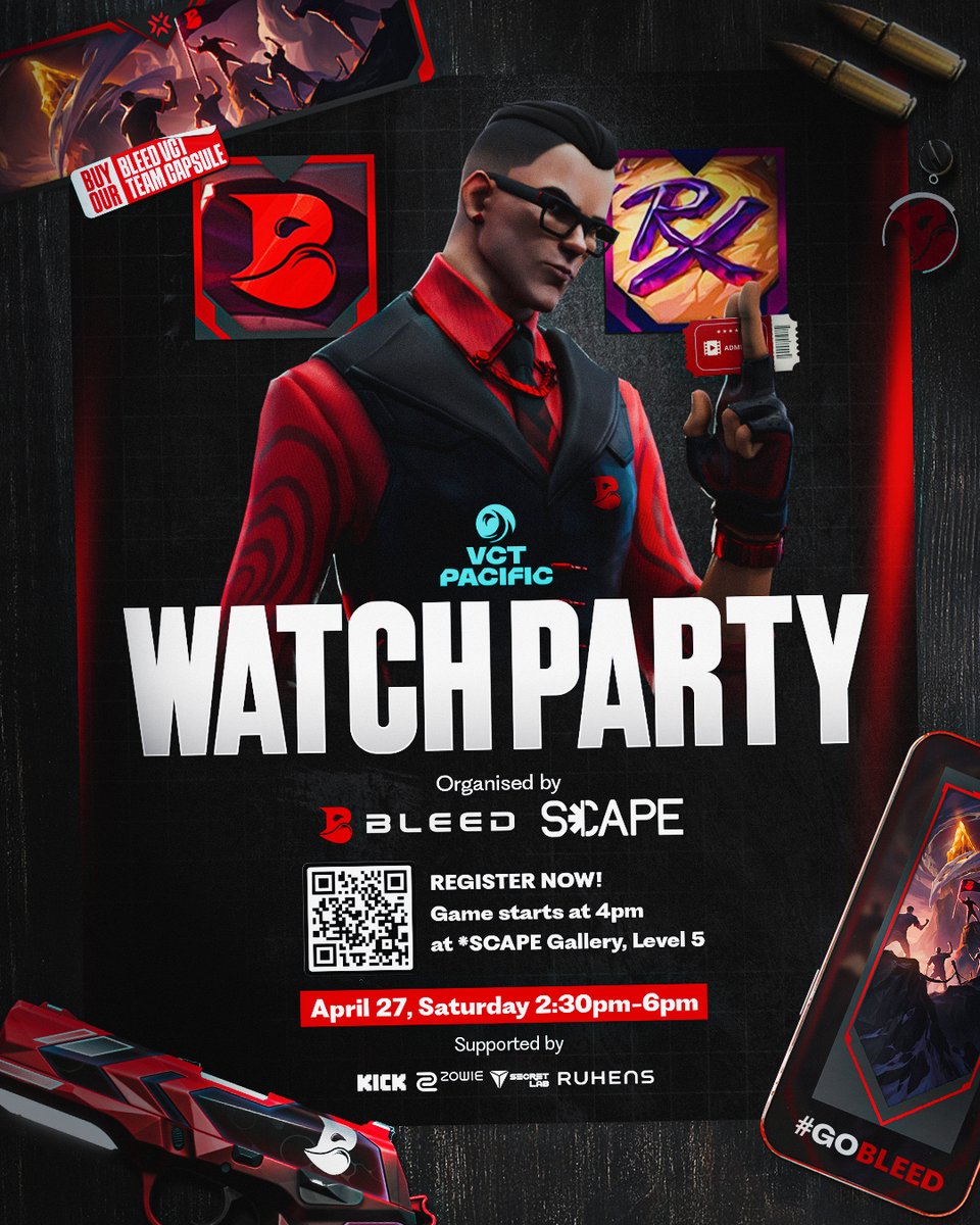 YOU’RE INVITED. Get ready for the epic BLEED vs PRX showdown this weekend together with other BLEED fans. Together with *SCAPE we’re bringing you @vctpacific action in person this Saturday! 🗓️ Date: April 27, Saturday 🕛 Time: 3:00pm - 6:30pm SGT 📌 Venue: *SCAPE Gallery, Level