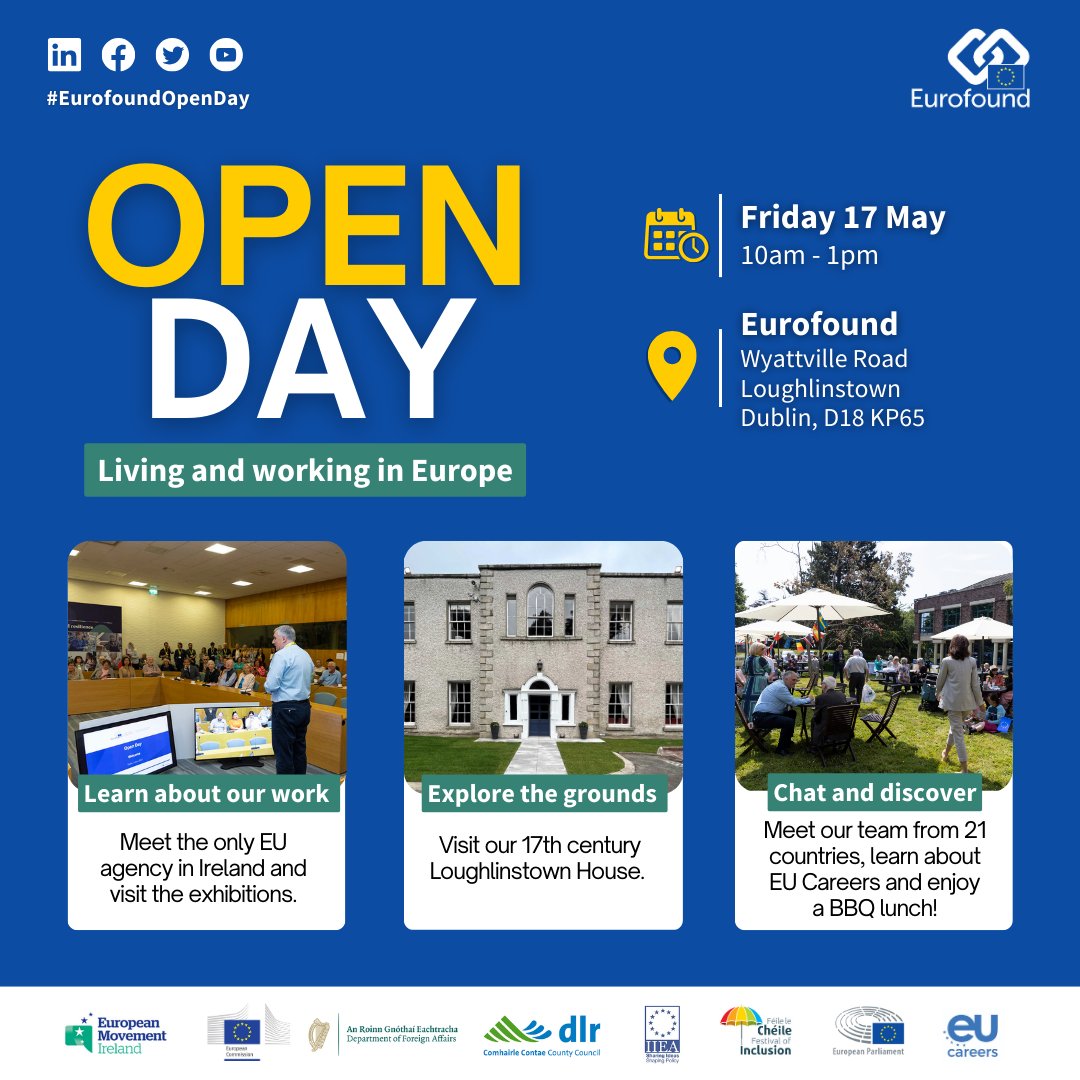 🙌 #EurofoundOpenDay is back again! We open our doors to our neighbours and the local community. 📅 17 May, 10.00-13.00 Irish time 📍 Eurofound, Wyattville Road, Loughlinstown, Dublin 18 🇮🇪 ✍️ Register here: forms.office.com/pages/response… We look forward to welcoming you!